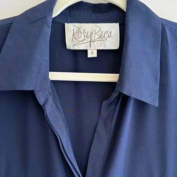 Rory Beca 100% Silk Camp Double Breast Pocket Button Down Shirt, Navy Blue - Picture 5 of 16